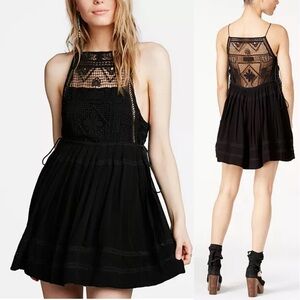 Free People Emily Crocheted Illusion Fit & Flare Black Tunic Dress Size XS Boho